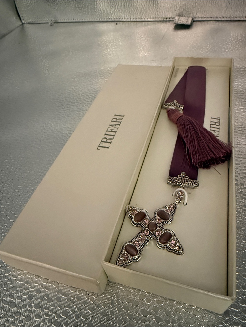 Vintage Trifari Purple Crystal Cross Ribbon Bookmark with Tassel